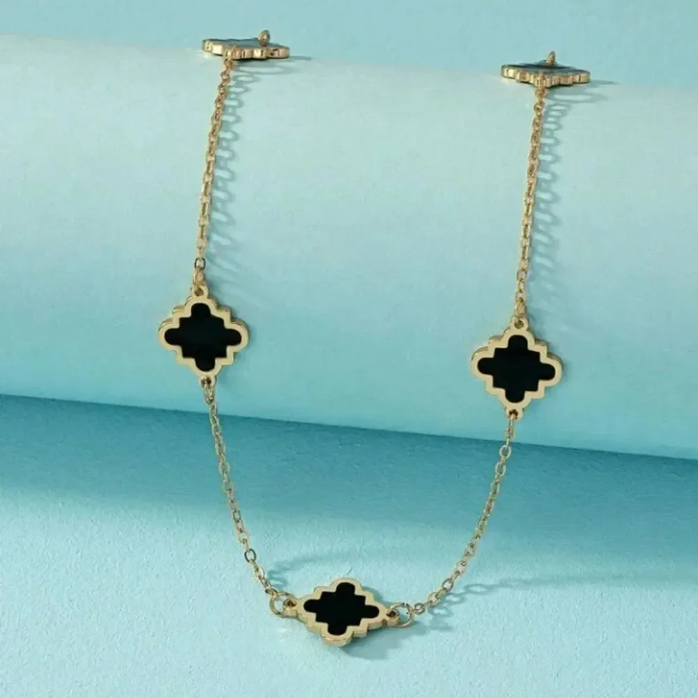 14K Gold Plated & Black four leaf clover/quatrefoil necklace